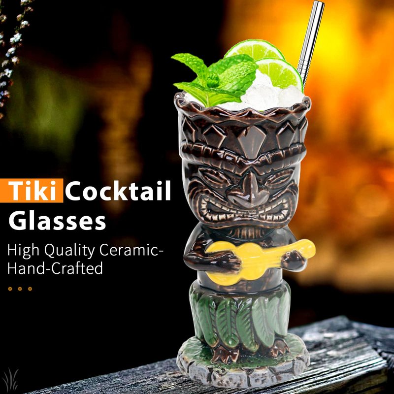 SuproBarware Tiki Mugs, 300ml Cocktail Glasses Set Colourful Ceramic Cocktail Cups Hawaiian Party Decoration for Exotic Party