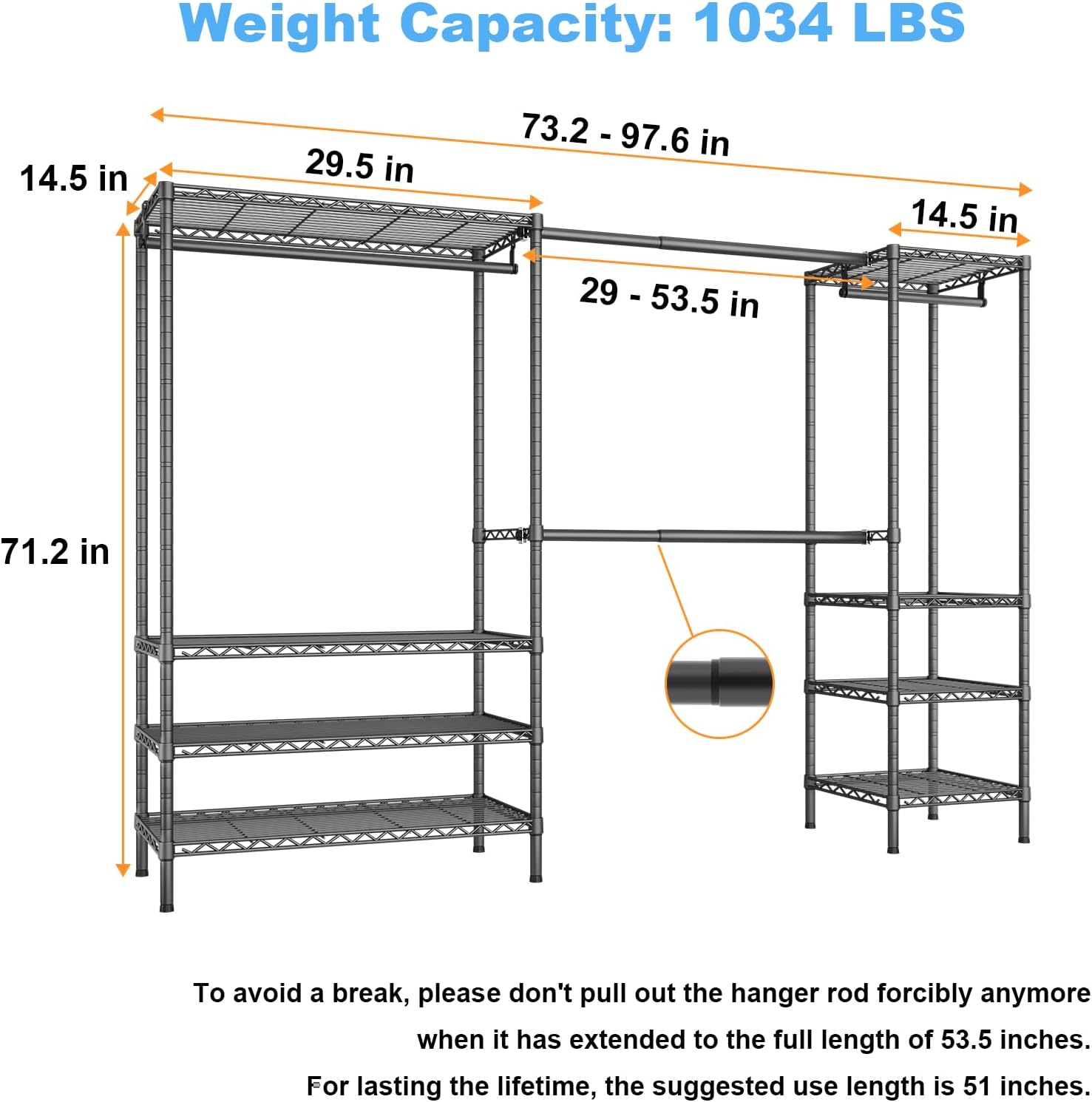Ulif E11 Heavy-Duty Garment Rack - Metal Freestanding Clothes Organizer with 8 Shelves & 4 Hanger Rods | Black, 73.2-97.6" W x 14.5" D x 71.2" H, 1034 LBS Capacity