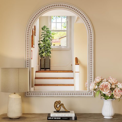 Wiserset Boho Mirror for Wall, 22" x 30" Farmhouse Arched Rustic Wooden Frame Mirror with Beaded, Arch Decorative Wall Mirrors for Bathroom, Vanity, Living Room, Entryway