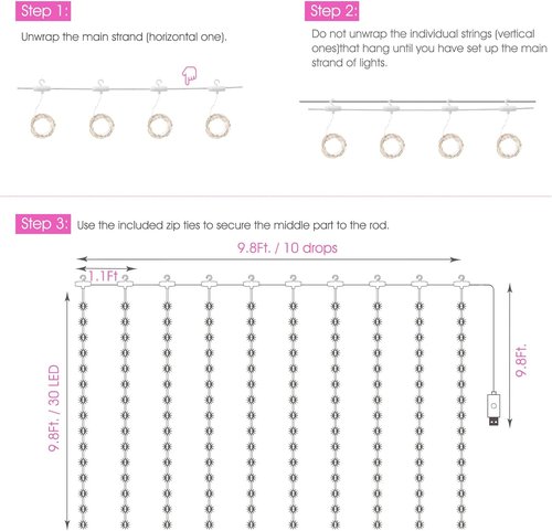 Minetom 300 LED Dimmable Fairy Curtain Lights - USB Powered String Lights with Remote & Timer | Pink Indoor Decor