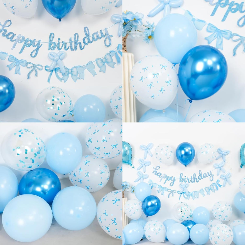 Skiennix Blue Bow Birthday Decorations - Coquette Party Set with Happy Birthday Banner & Heart Foil Balloons