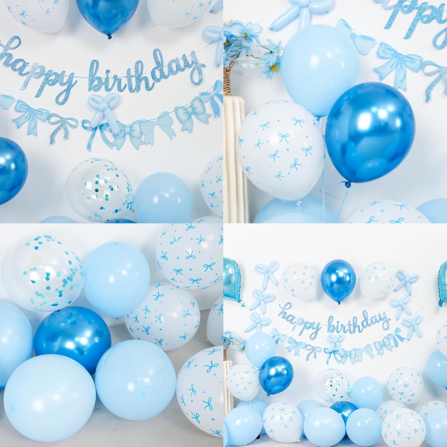 Skiennix Blue Bow Birthday Decorations - Coquette Party Set with Happy Birthday Banner & Heart Foil Balloons