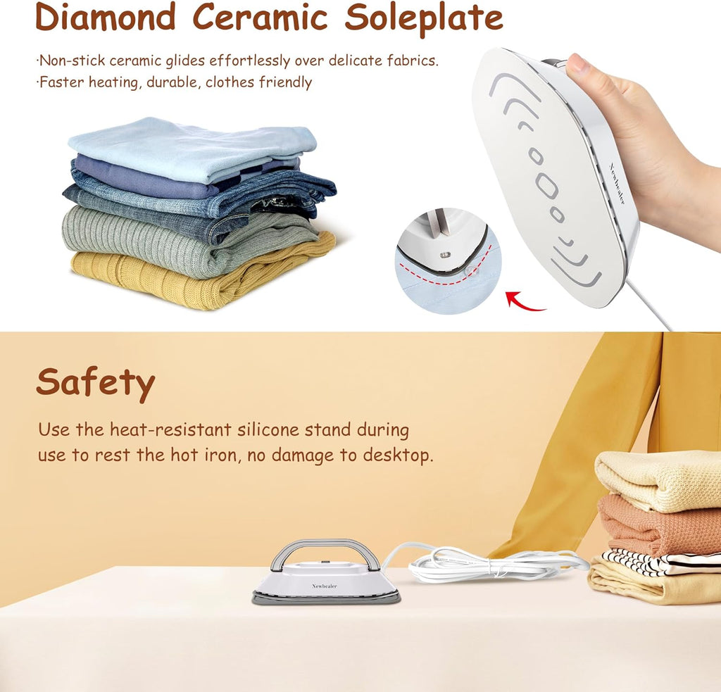 Newbealer Travel Iron - Mini Dry Iron with Global Voltage, Non-Stick Ceramic Soleplate, 300W, Silver