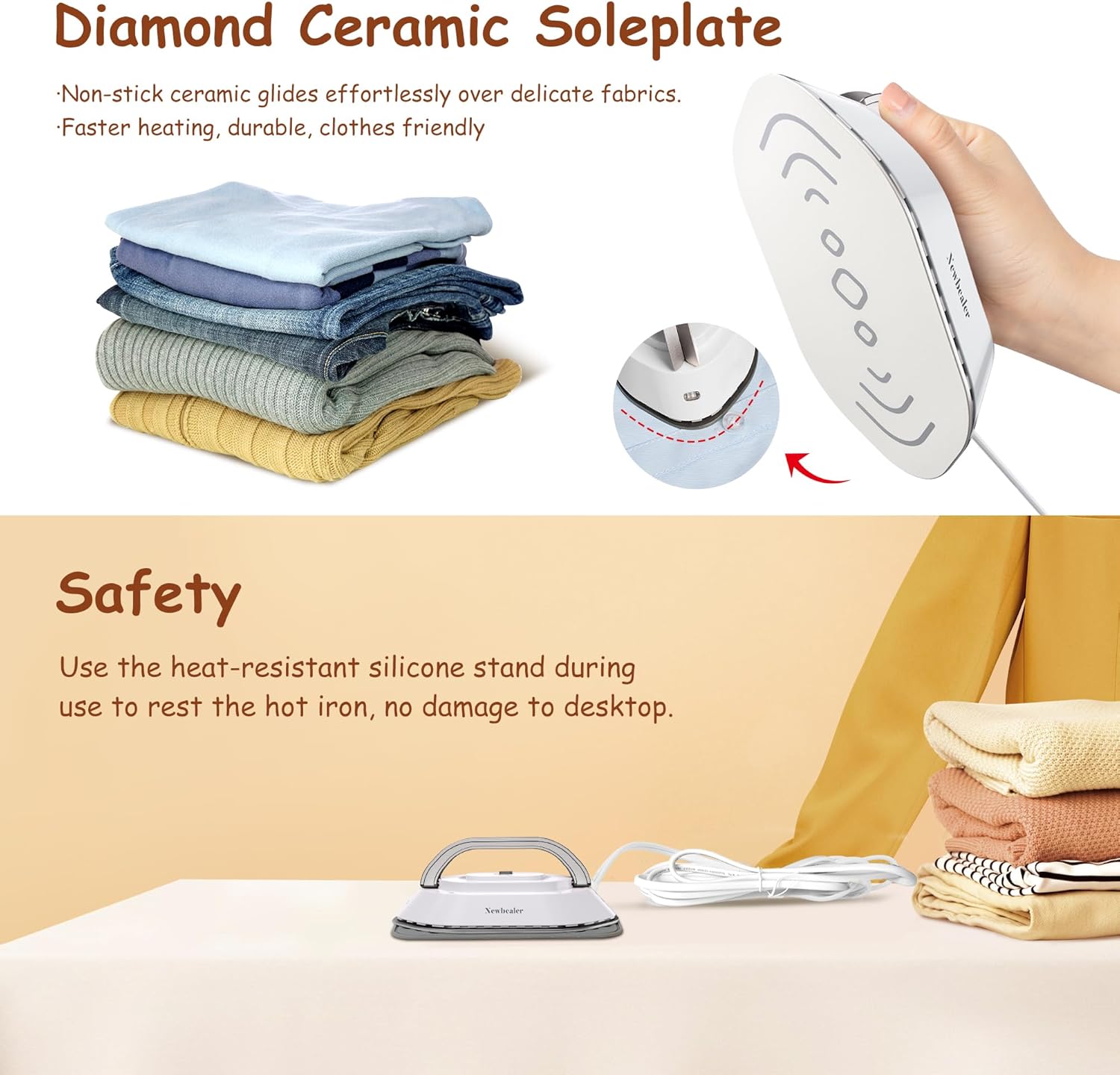 Newbealer Travel Iron - Mini Dry Iron with Global Voltage, Non-Stick Ceramic Soleplate, 300W, Silver