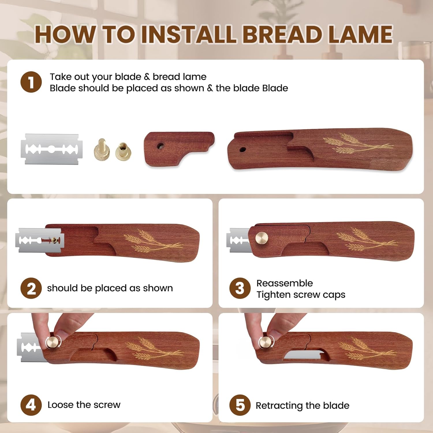 Wooden Bread Lame - Handcrafted Sourdough Scoring Tool with Screw Lock & 10 Razor Blades | Reddish Brown