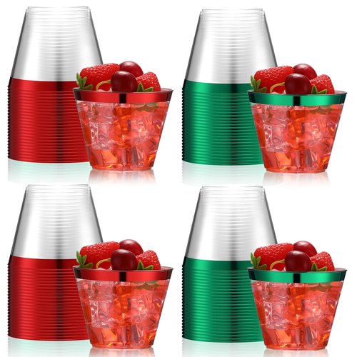 Zhehao 100 Pcs 9 oz Rimmed Plastic Cups Clear Wine Glasses Heavy Duty Cocktail Cups for Wedding Birthday Holiday Party Reception(Red, Green)