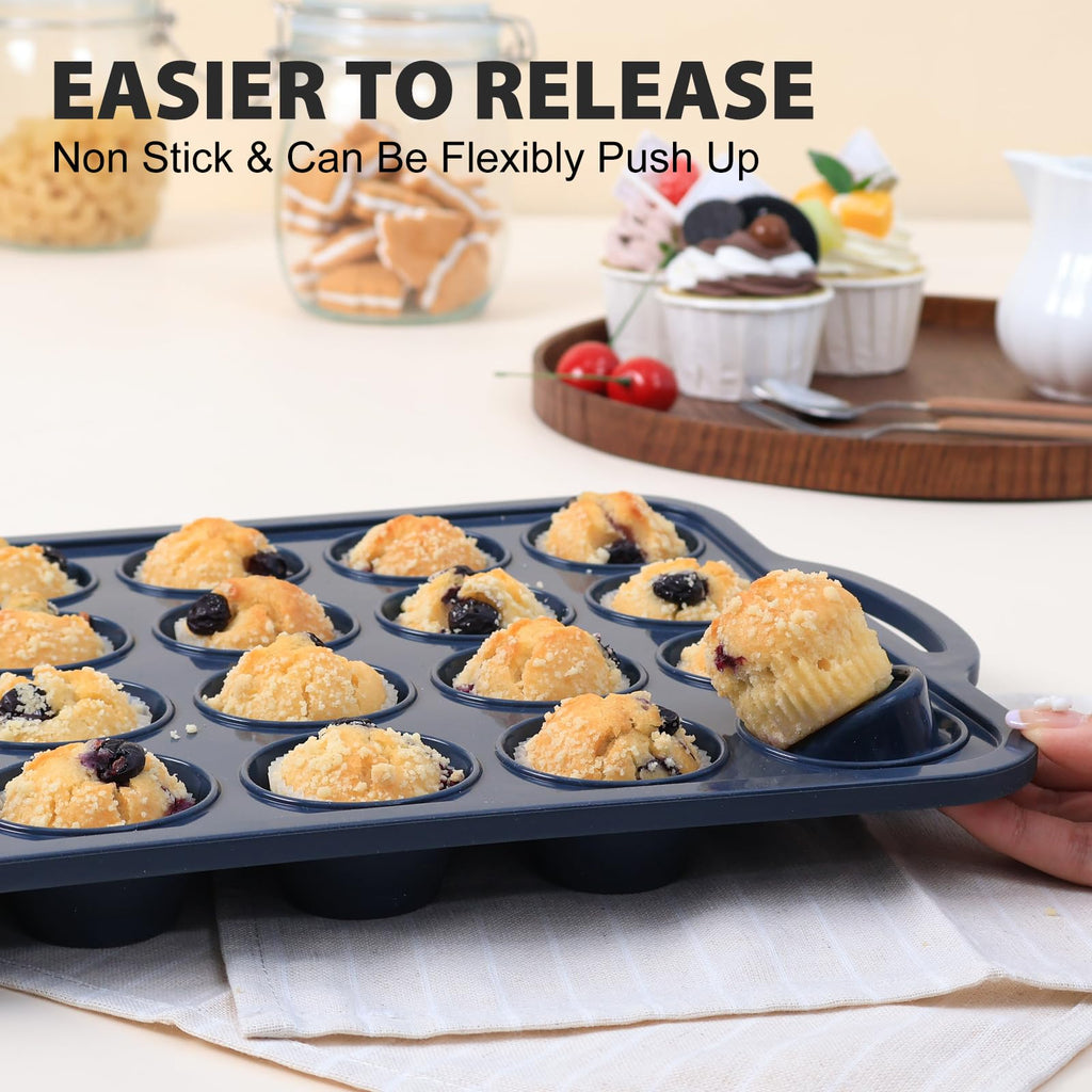 Vnray 2 Pack Mini Silicone Muffin Pan with Metal Frame, Non Stick Silicone Cupcake Pan with Handles 24 Cup, BPA Free Silicon Muffin Tin Tray Small for baking, egg bites, Cupcake Mold Grey