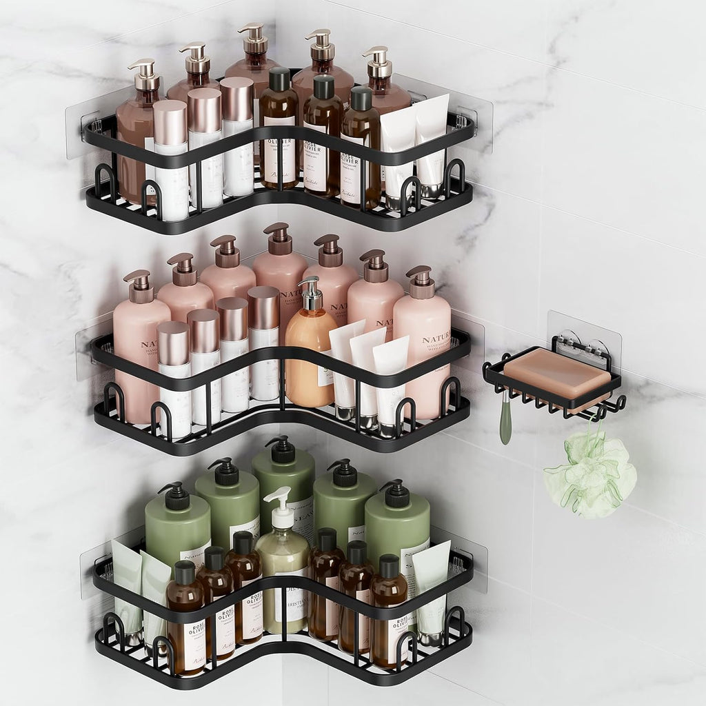 Veken Corner Adhesive Shower Caddy - Rustproof & Waterproof 4-Pack for Small Spaces | Black
