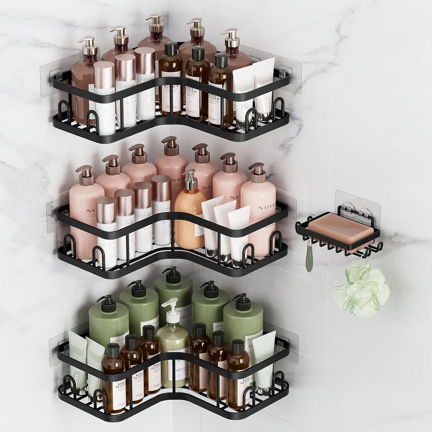 Veken Corner Adhesive Shower Caddy - Rustproof & Waterproof 4-Pack for Small Spaces | Black