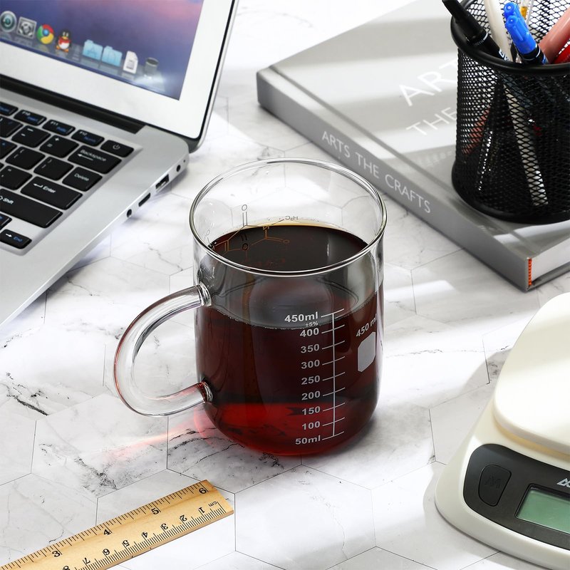 Hsei 4 Pack 16 oz Beaker Mug Caffeine Molecule Mug with Handle Laboratory Gifts Graduated Beaker Coffee Cup Borosilicate Glass Chemistry Cup, Measuring for Coffee, Latte, Tea, Hot Cold Beverage, 450ml