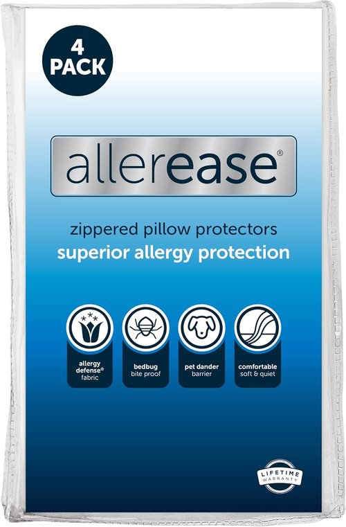 AllerEase Pillow Protectors Set of 4 - Advanced Allergy Protection, Moisture Wicking - Premium Polyester, Zippered Design