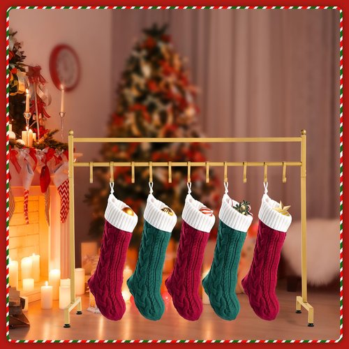 ELYKEN Christmas Stocking Holder, Freestanding Stocking Rack with 12 Removable Hooks, 60 LBS Loading Bearing Stocking Stand, Heavy Duty Metal Tubes with Stable Base and Adjustable Feet, Gold