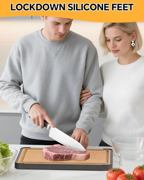 Cutting Boards for Kitchen - Food Grade Double Sided Pure Stainless steel& Bamboo Chopping Board with Handle, Slip resistant Non-toxic Charcuterie Board Housewarming Gifts (15.5×10)