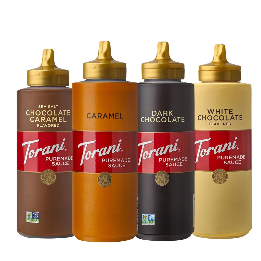 Torani Puremade Dessert & Drink Sauce Variety Pack - Chocolate, Dark Chocolate, White Chocolate & Caramel | 16.5 fl oz (Set of 4)
