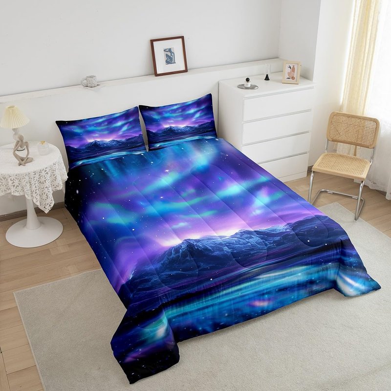 Feelyou Northern Light Comforter Set Soft Galaxy Bedding Set Blue Purple Starry Sky Aurora Decor Quilted Duvet Bed Set with Comforter for Girls Boys Bedroom (Twin, 2 Pieces)