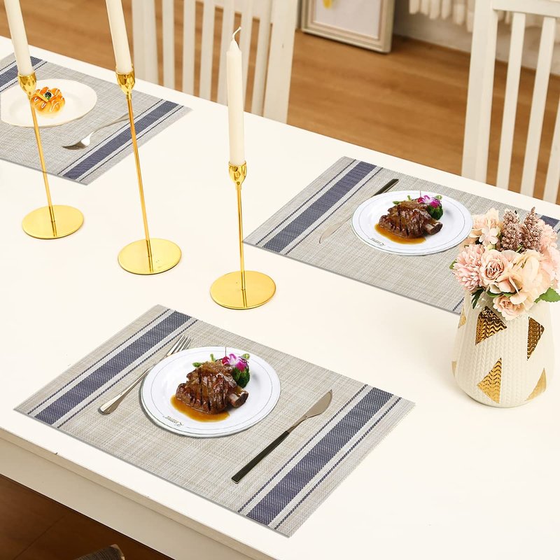 DACHUI Placemats Set of 4, Soft & Elegant Woven Vinyl Place Mats, Water Resistant, Heat Resistant, Washable, Durable Table Mats (Blue Stripes)