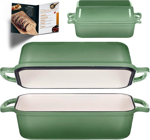 Cast Iron Bread Pan by [Brand Name] - 11x5 Inch Sourdough Baking Pan with Lid | Even Heat Distribution, 5.8Qt, Pistachio