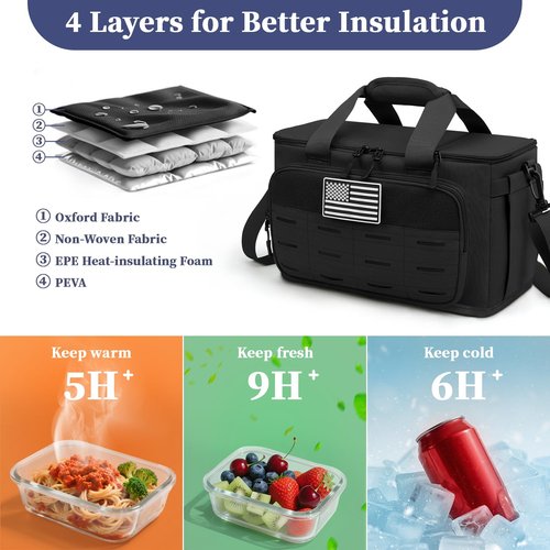 ZOMFELT Lunch Box for Men Women, 14L Tactical Insulated Lunch Bag with Dual Compartment, Leakproof Adult Lunch Bags with Shoulder Strap, Cooler Tote Box for Work, Beach, Picnic, Travel, Black
