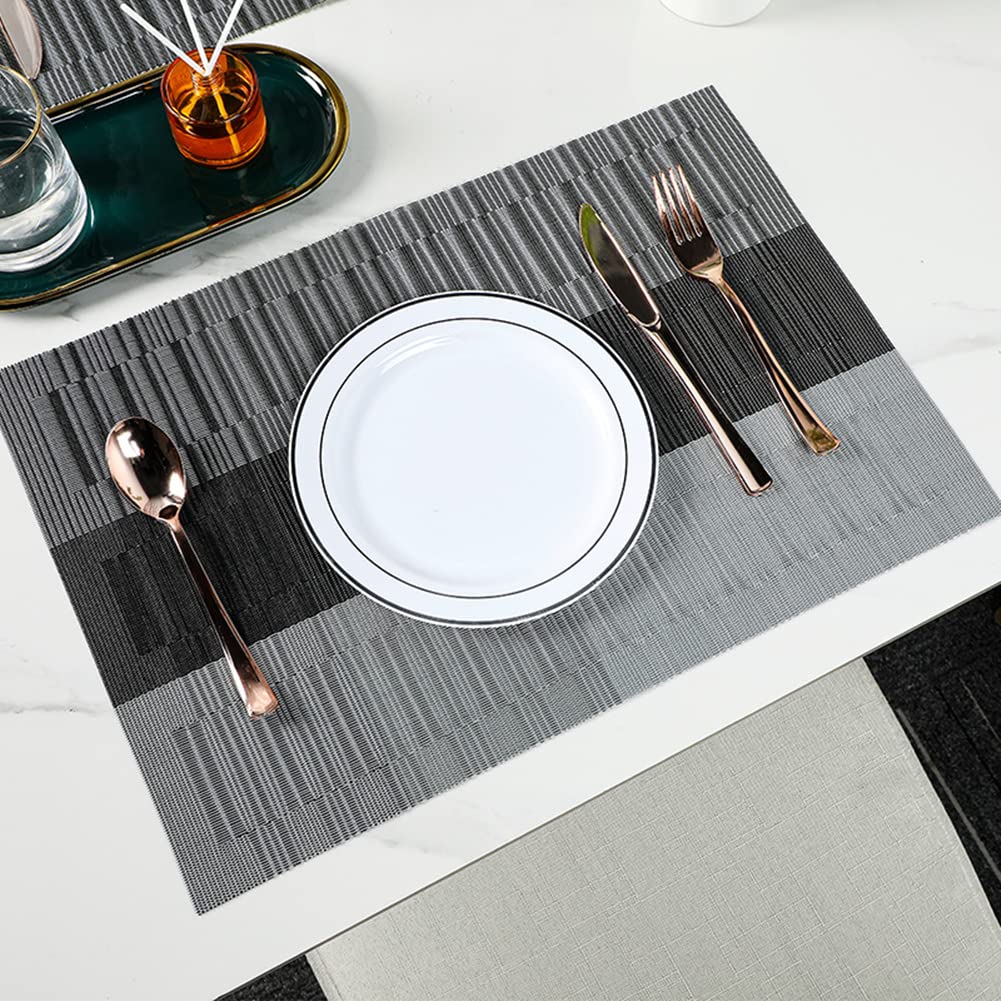 Xmkuwa Placemats, Washable PVC Table Mats, Woven Vinyl Placemat for Dining Table Place Mats Set (6 Placemats and 1 Table Runner, Black and Grey)