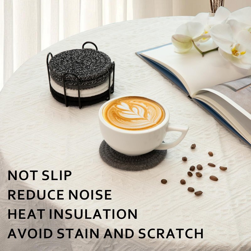 OIAHOMY 8 Pcs Coasters with Holder for Beer, Coffee, Woven Cotton Coaster Set for Table Decor for Kitchen, Bar, Dining Room, Living Room, Housewarming Gifts - Black