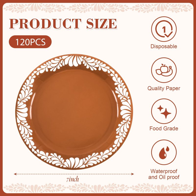 120 Pcs 7 Inch Cielito Lindo Plates Platos De Barro Mexicanos Mexican Paper Plates Baby Shower Cielito Lindo Party Decoration- Mexican Terracotta Flower Clay Pottery Cinco De Mayo Wedding Birthday