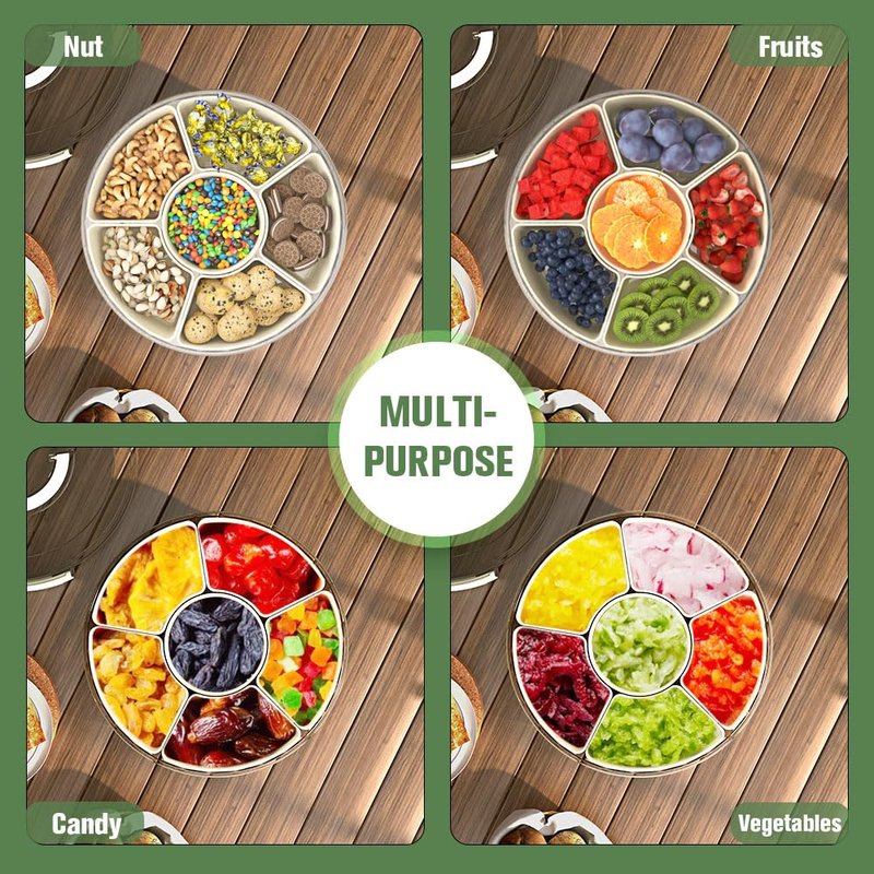 JIEZRIN Divided Serving Tray with Lid and Handle, Portable Snackle Box for Veggie, Fruit Snacks Organizer, Clear Snack Spinner Container for Outdoor, Kitchen, Party, Travel