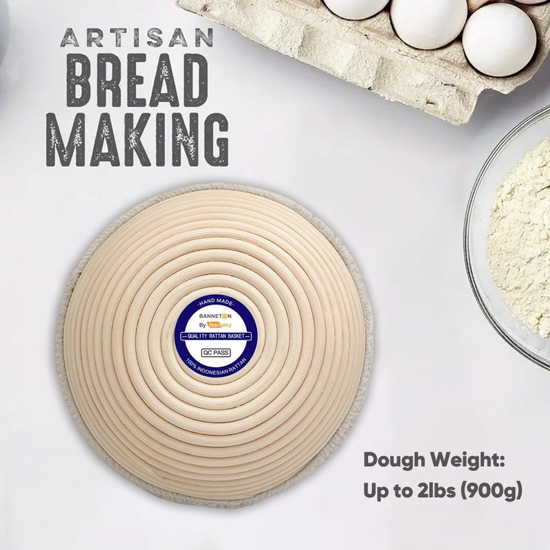 Jeensley Banneton Bread Proofing Basket Set with Brochure & Baking Supplies, 9 Inch Round Proving Bowl with Liner & Making Tools, Sourdough Starter Kit, Handmade from Quality Natural Indonesian Rattan