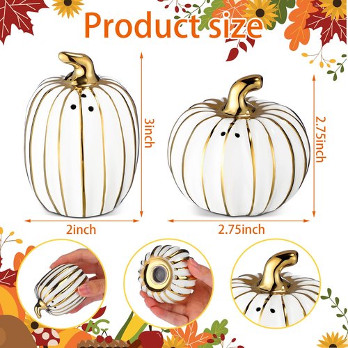 RimCereal 2 Pcs Fall Pumpkin Shaped Salt and Pepper Shakers 3 Inch Ceramic Salt and Pepper Shakers Set for Holiday Home Indoor Kitchen Decorations(White and Gold)