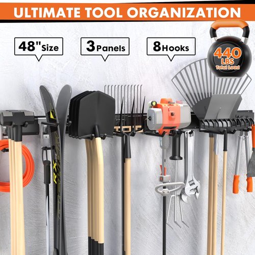 Garage Tool Organizer - 48" Heavy Duty Metal Storage Rack | Adjustable Hooks for Rakes, Brooms & More