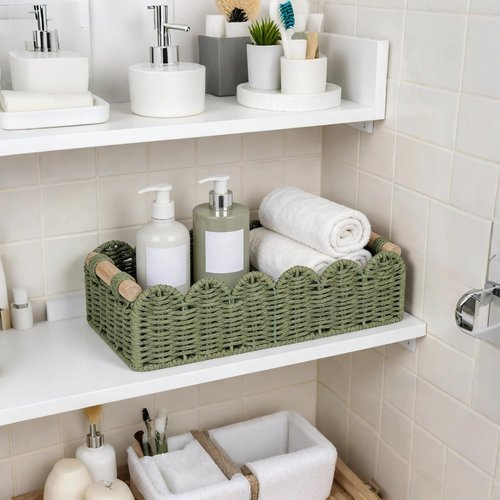 CubesLand Toilet Paper Storage Basket - Scalloped Edge Green Decor | Cozy Home Organization with 2 Wooden Handles