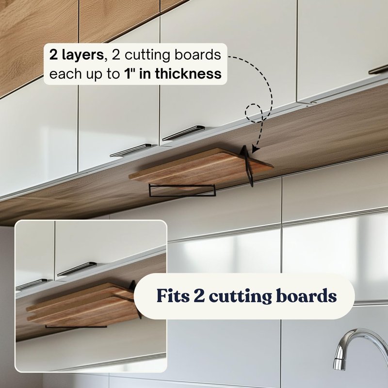 Under Cabinet Metal Cutting Board Rack - 2 Layer Vertical & Horizontal Hanger - Heavy Duty Cutting Board Holder