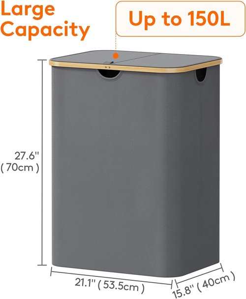 Lifewit 150L Laundry Basket - Foldable Hamper with Lid, Bamboo Handles & 2 Removable Bags | Grey