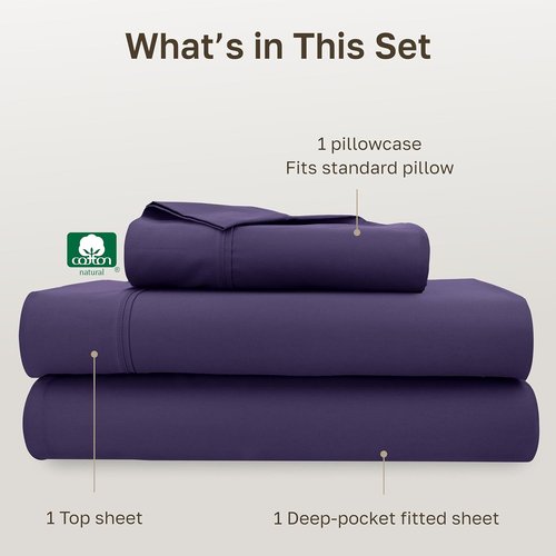 California Design Den Twin Size 100% Cotton Sheet Set - 400 Thread Count, Silky Smooth, Breathable - Purple