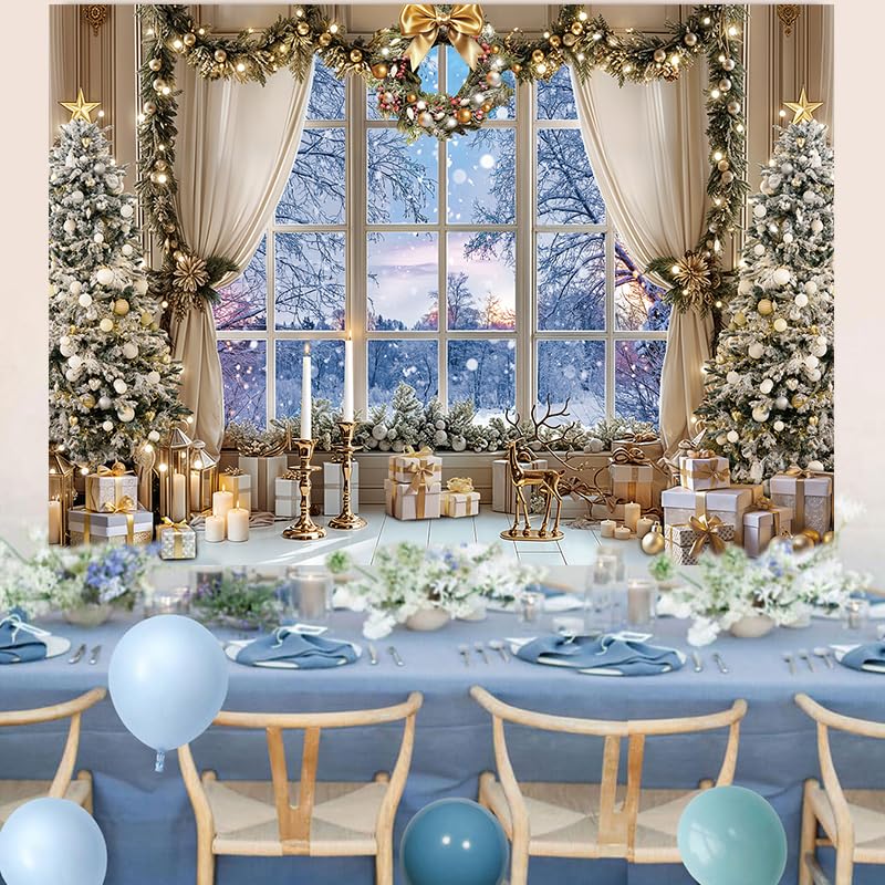 JSHENGZHYI 10x8FT Christmas Window Backdrop White Winter Snow Forest Scene Photo Background