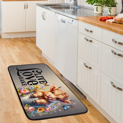 Highland Cow Flower Kitchen Rug Washable Entryway Rugs Non Slip Anti Fatigue Mats Kids Room Floor Mat Laundry Room Runner Rug for Kitchen Sink Bathroom Hallway Entryway Carpet 39X20 in