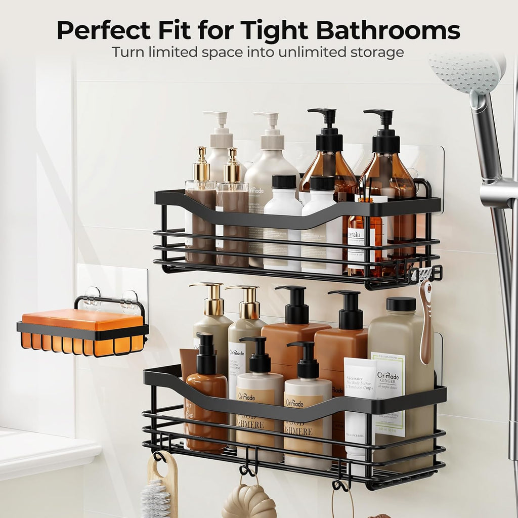 Orimade Shower Caddy Basket - Wall-Mounted Bathroom Organizer with 5 Hooks | 3 Pack, Black, SUS304 Stainless Steel