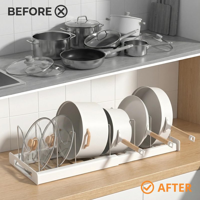 Beruyu Expandable Pot and Pan Organizer Rack for Cabinet, Pot Lid Organizer Holder with 7 Stainless Steel Adjustable Dividers for Kitchen Cabinet Organizer and Storage (White)