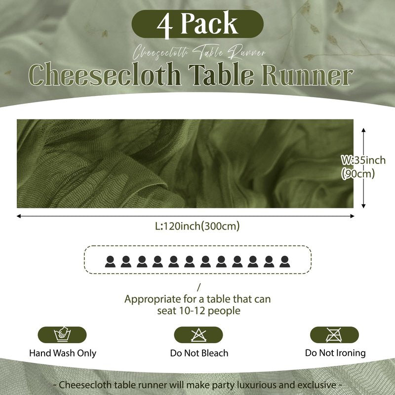 JEZID 4 Pack Olive Green Cheesecloth Table Runner 10FT Boho Rustic Gauze Cheesecloth 120 inch Cheese Cloth Runner for Wedding Bridal Baby Shower Party Home Decoration