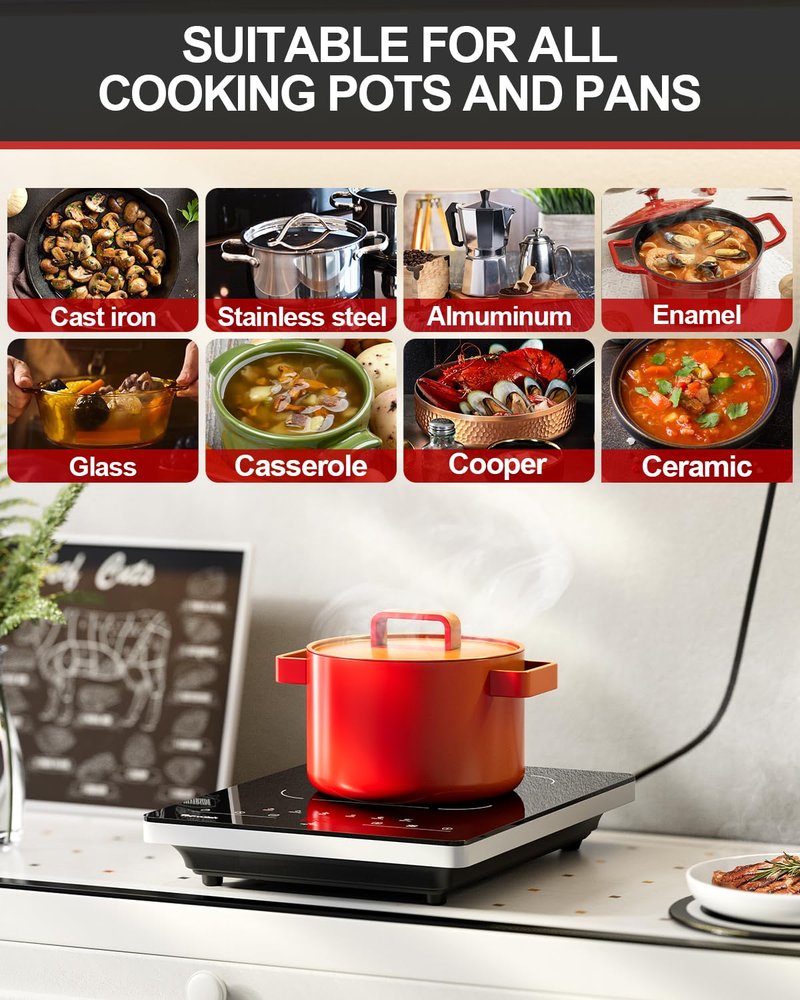 TOPWISH Portable Electric Stove,110V Electric Hot Plate Single Burner Electric Cooktop Countertop Burner with 6 Preset Functions,10 Power Levels,LED Touch Control, Child Lock &Timer