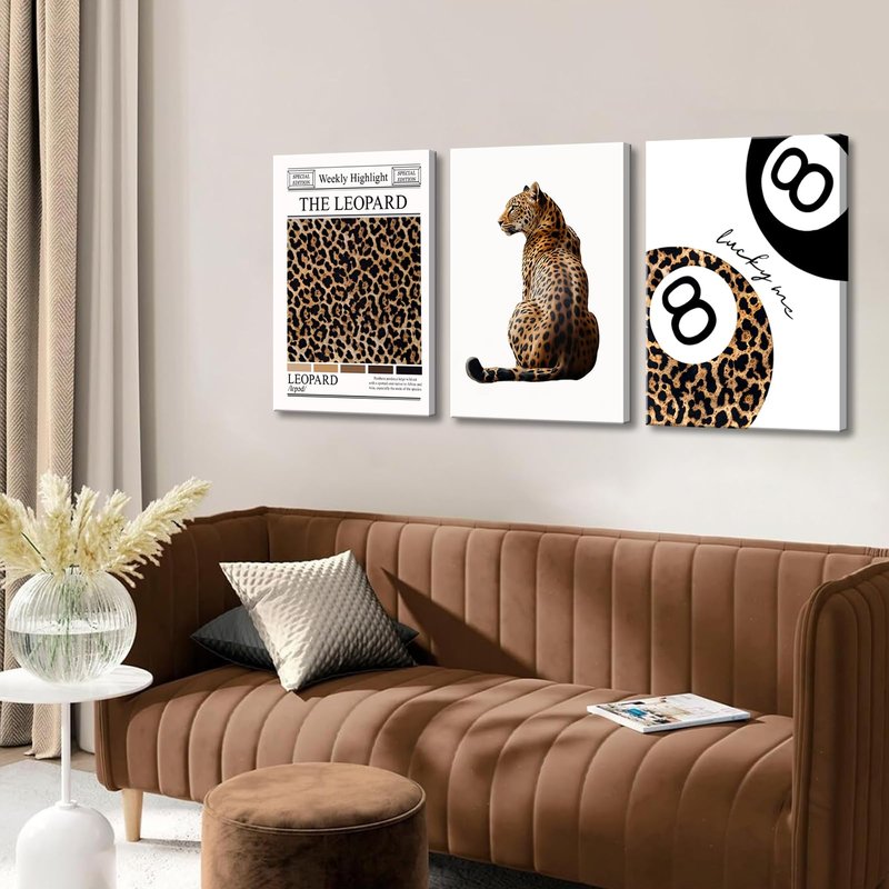 Set of 3 Trendy Leopard Canvas Wall Art Funky Lucky 8 Ball Posters Prints Preppy Room Aesthetic Cheetah Wall Decor Pictures for Girly Bedroom Apartment Dorm 16x24in