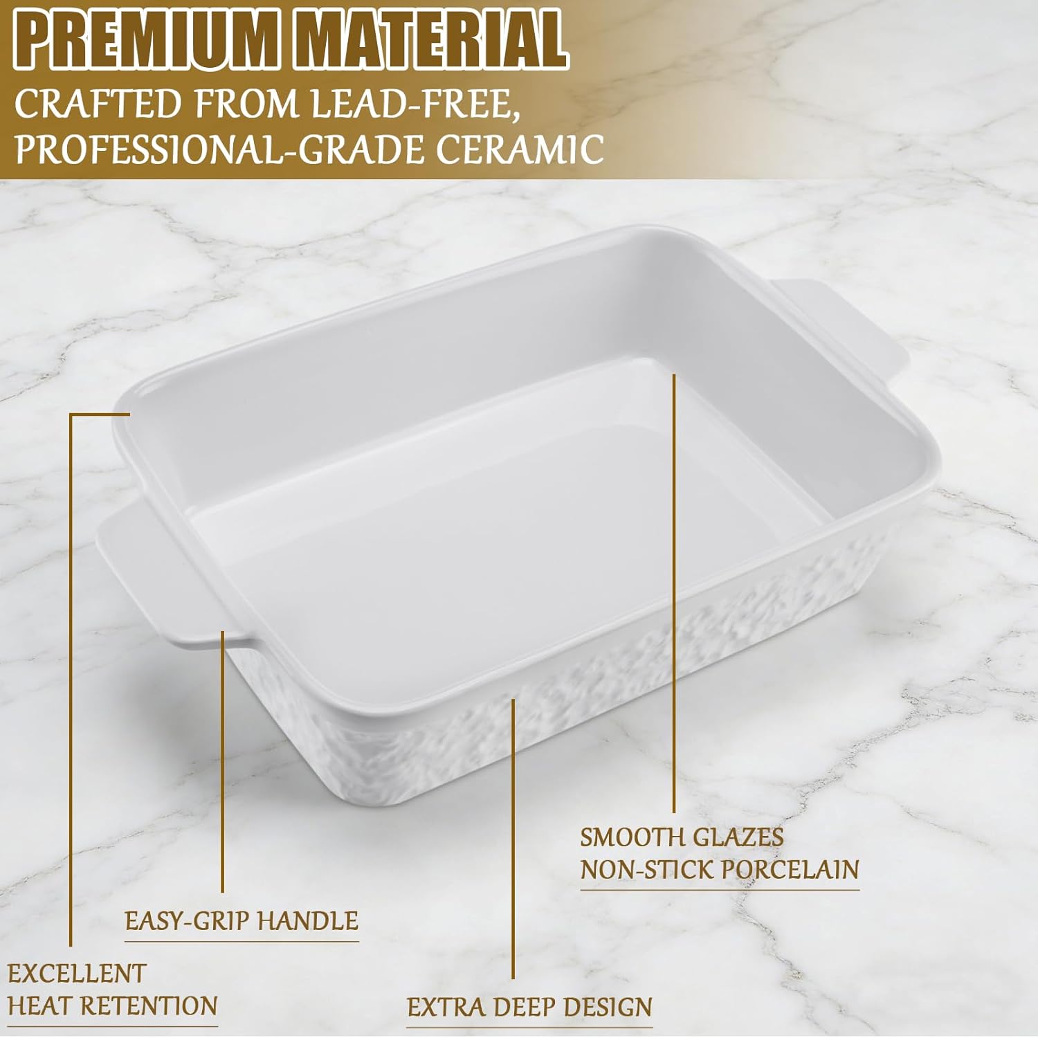 Regine Switzerland 9x13 Baking Pan - Durable Ceramic Casserole Dish with Handles | 4.4QT Oven Safe, Soft White