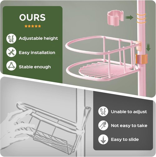 HAMITOR Corner Shower Caddy - 4-Tier Rust-Resistant Bathroom Organizer | Adjustable 47-121 Inch - Easy No-Drill Installation - Space-Saving Pink Shelves