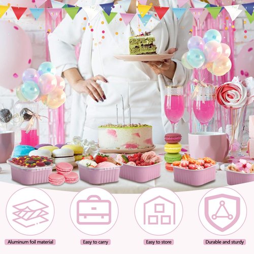 CXIIPOL 60 Pack Mini Square Cake Pans with lids and Spoons, 5 OZ Pink Disposable Ramekins Cake Pans, 3.5x3.5 Inch Aluminum Foil Baking Cups for Mother's Day, New Year, Anniversaries, Birthdays