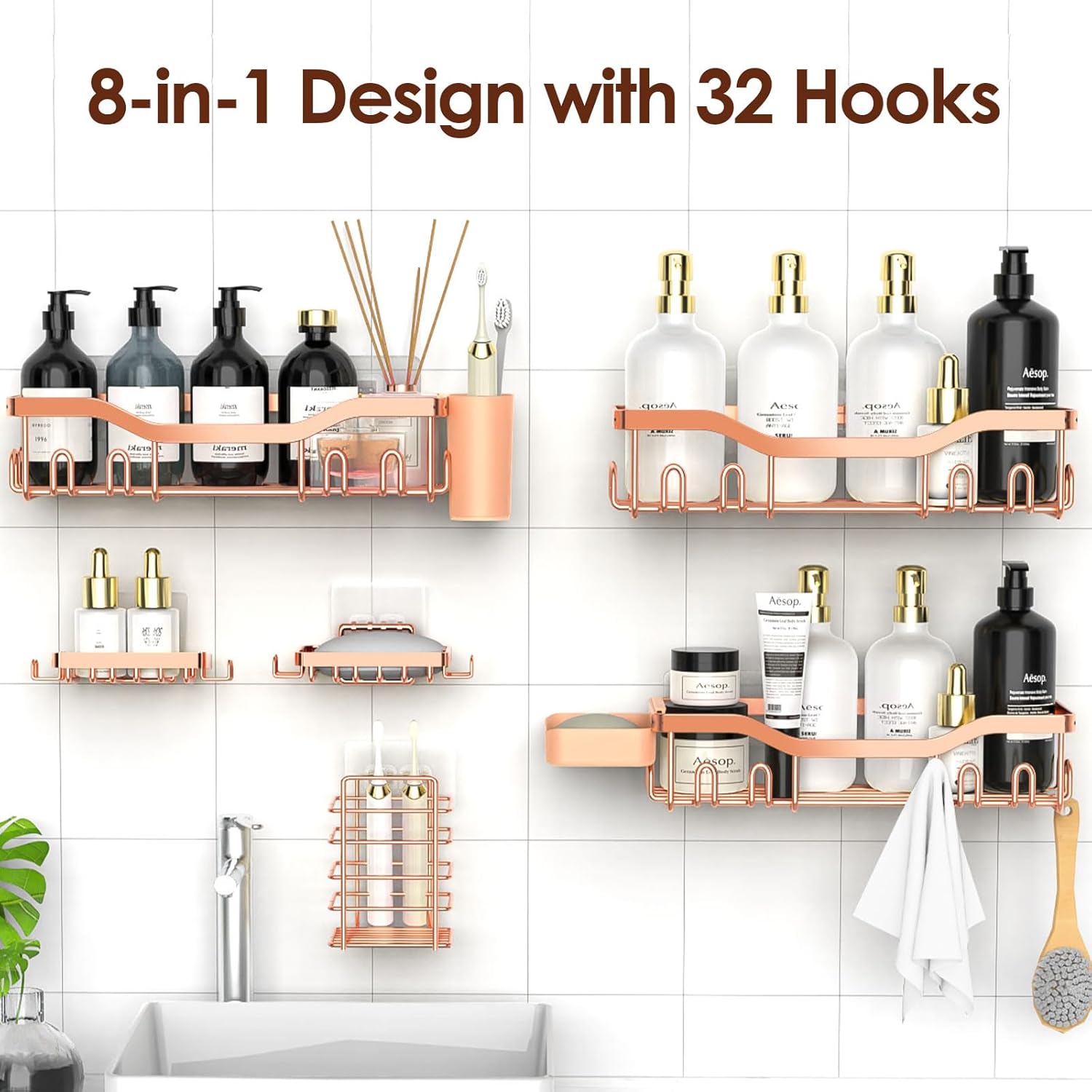 NESOMI Shower Caddy - Rustproof Stainless Steel Organizer with Soap Dish & Hooks | 8-Pack, No-Drill Design