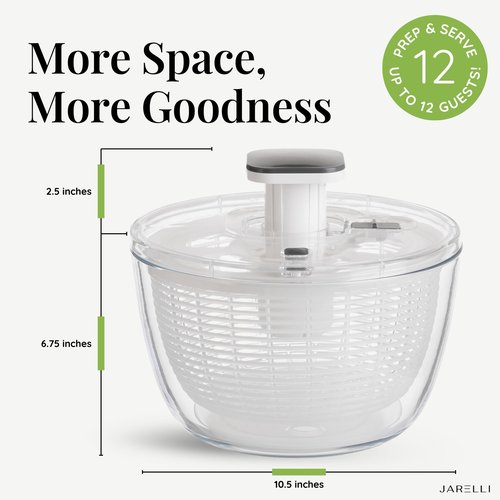 JARELLI Glass Salad Spinner Large Capacity 6.3QT with Storage Lid | Boroscilicate Glass Bowl and BPA-Free and Food-Safe Colander, Base, Spinner Lid and Storage Lid | Washing, Spinning, and Draining