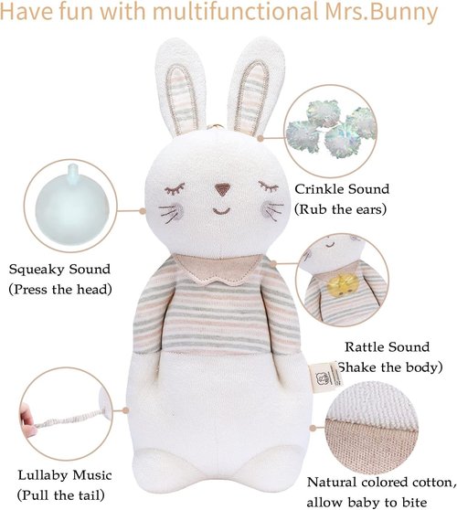 Mrs. Bunny Soft Cotton Stuffed Bunny Toy - Lullaby Music for Newborns & Infants 0-6 Months | Perfect Easter Gift