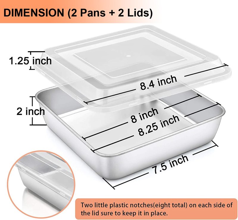 TeamFar Square Cake Pan with Lid (2 Pans & 2 Lids), 8 Inch Stainless Steel Square Baking Tray Cake Brownie Tin For Meal Prep Storage Transporting Food, Healthy & Sturdy, Dishwasher Safe