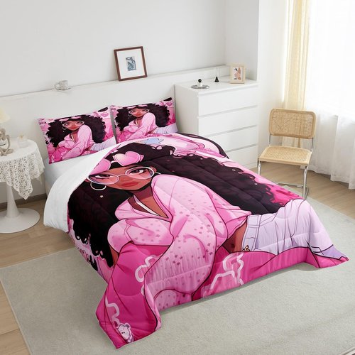 Manfei Black Princess Girly Kids Comforter Set Twin Size,Cartoon Love Heart Print Bedding Set,Girls Women Room Decor,African American Little Girls Down Comforter,Pink Dreamy Duvet Insert,1 Pillowcase