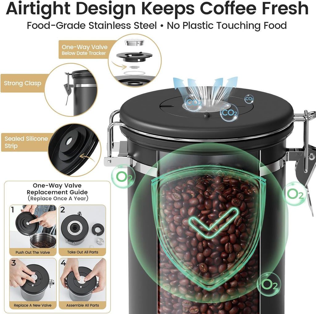 Veken Coffee Canister - Airtight Stainless Steel Storage Container with Window | 22oz Black for Coffee, Tea, and More