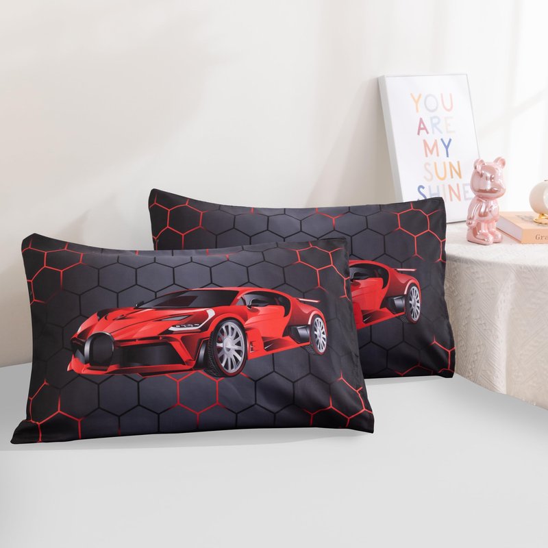 Podol 3 Pieces Race Car Comforter Set Full Size Red Sports Car Bedding Sets for Boy 3D Geometric Bed in a Bag Kids Extreme Sports Theme Quilt Set
